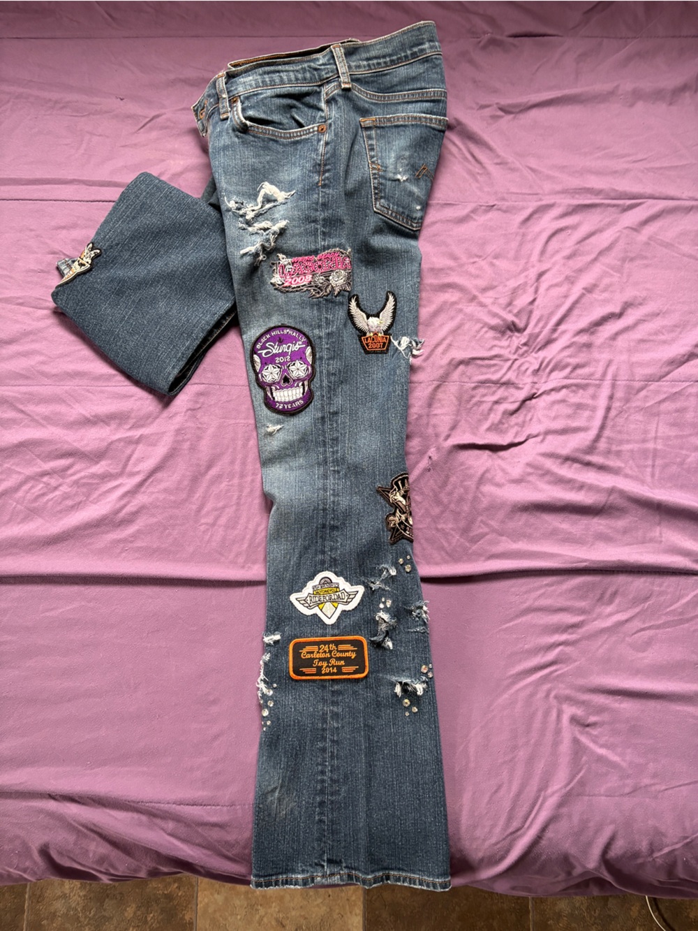 Blue Jeans, CUSTOM with Patches FROM Harley Davidson Bike Rallies. 
Vintage.
